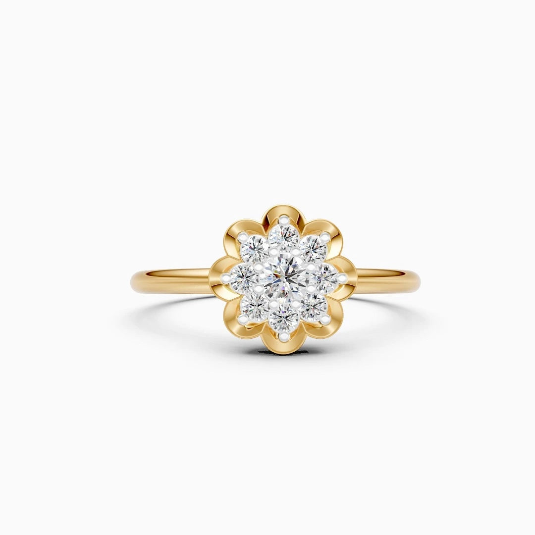 floral style round cut lab grown damond solitaire 14k yellow gold engagement ring
