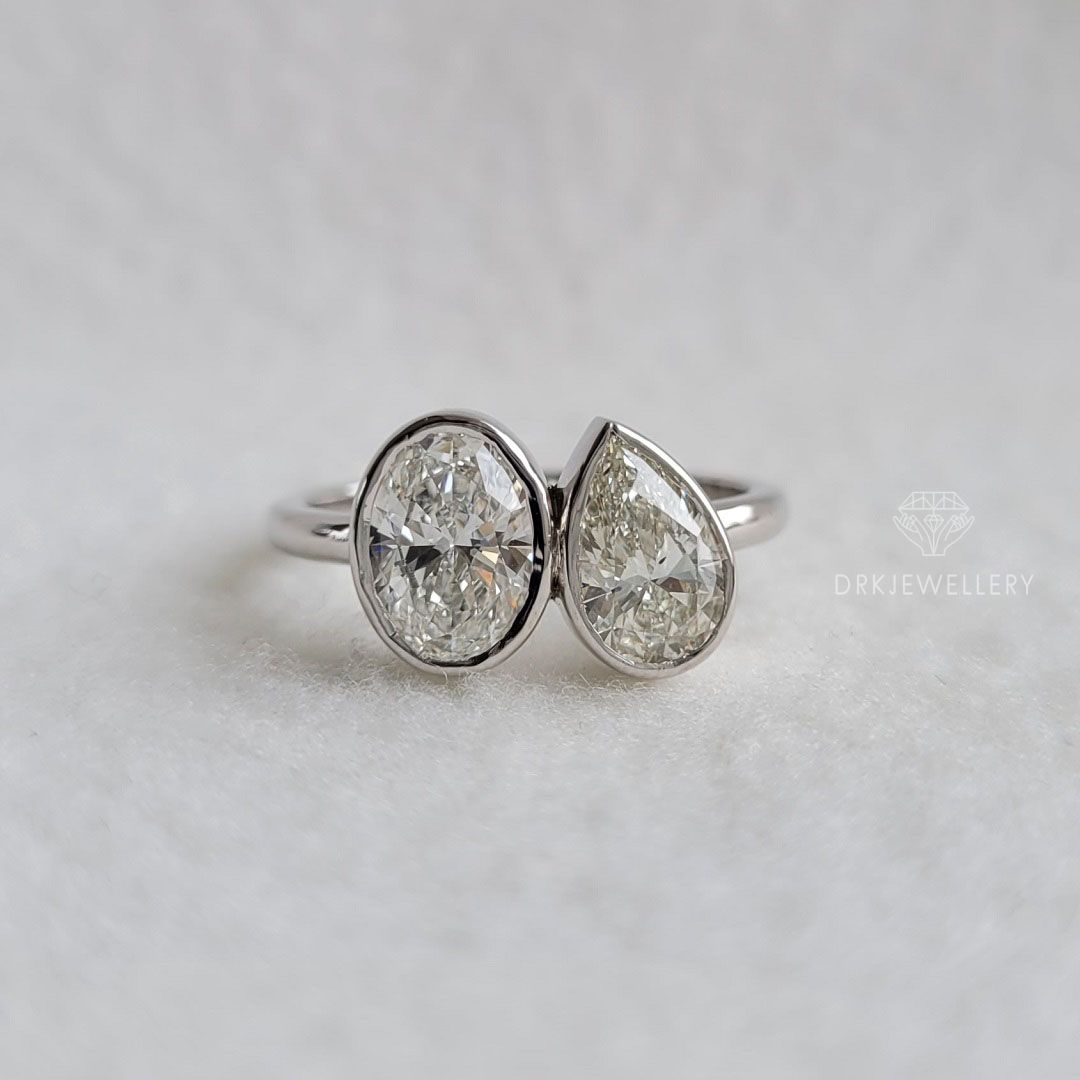 oval & pear cut ring, bezel set ring, two stone ring,twin diamond ring,white gold ring,twin diamond ring