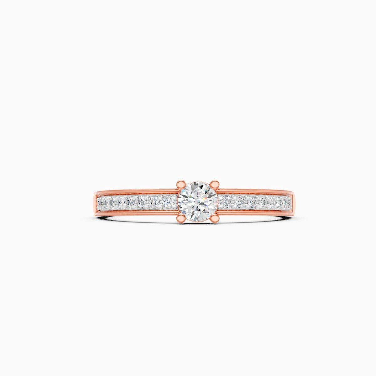 round cut lab grown diamond with minimalist pave settting 14k rose gold wedding ring
