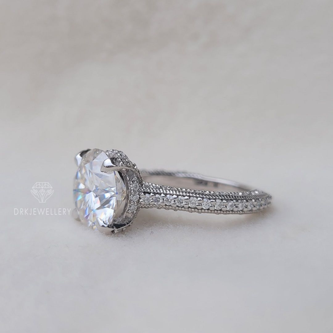 vintage ring-vintage inspired-milgrain setting ring-pave set ring-round cut ring-lab grown diamond ring-hidden halo style-prong pave set ring-bespoken ring