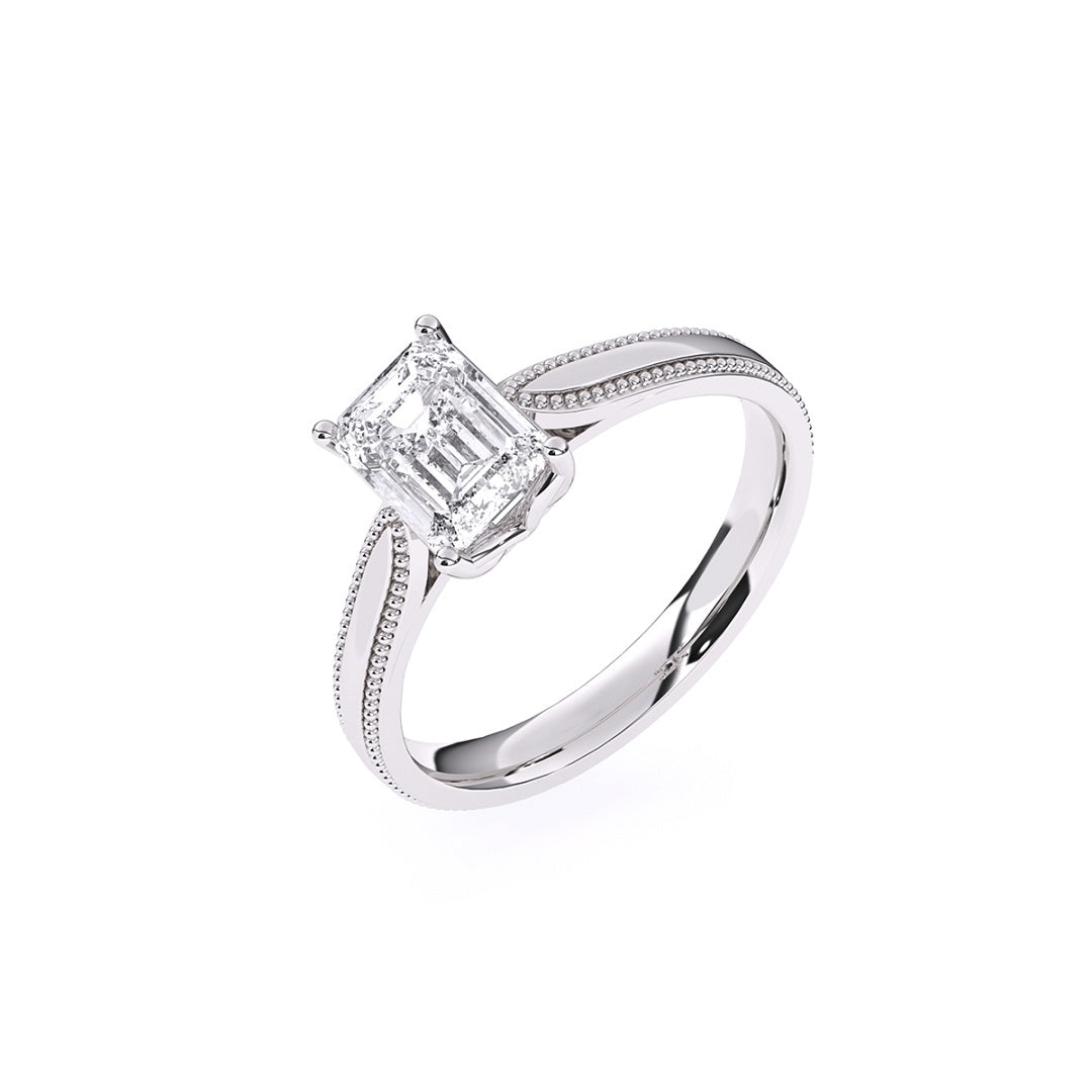 emerald cut ring, milgrain setting ring, pinched band style ring, white gold ring, moissanite ring, lab grown diamond ring, gold diamond ring