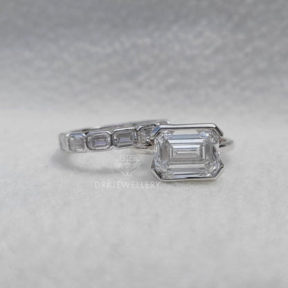 East West Emerald cut Moissanite Bridal Ring Set