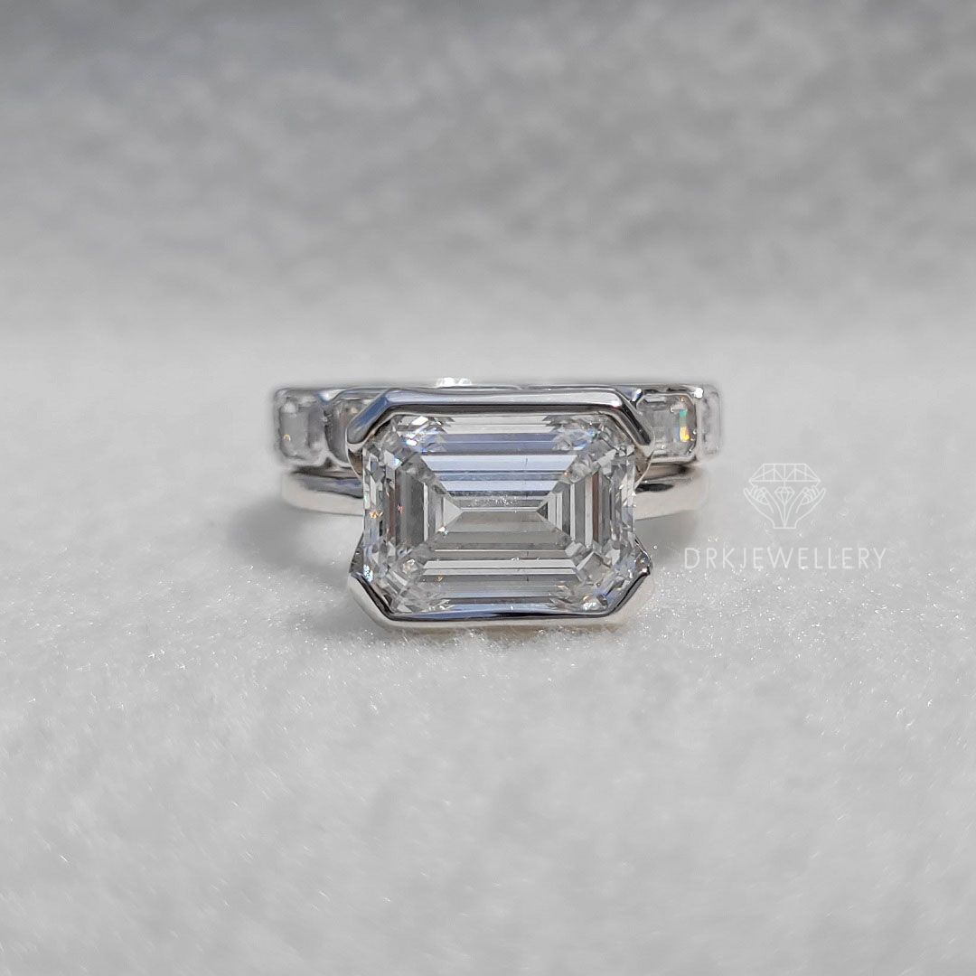 East West Emerald cut Moissanite Bridal Ring Set