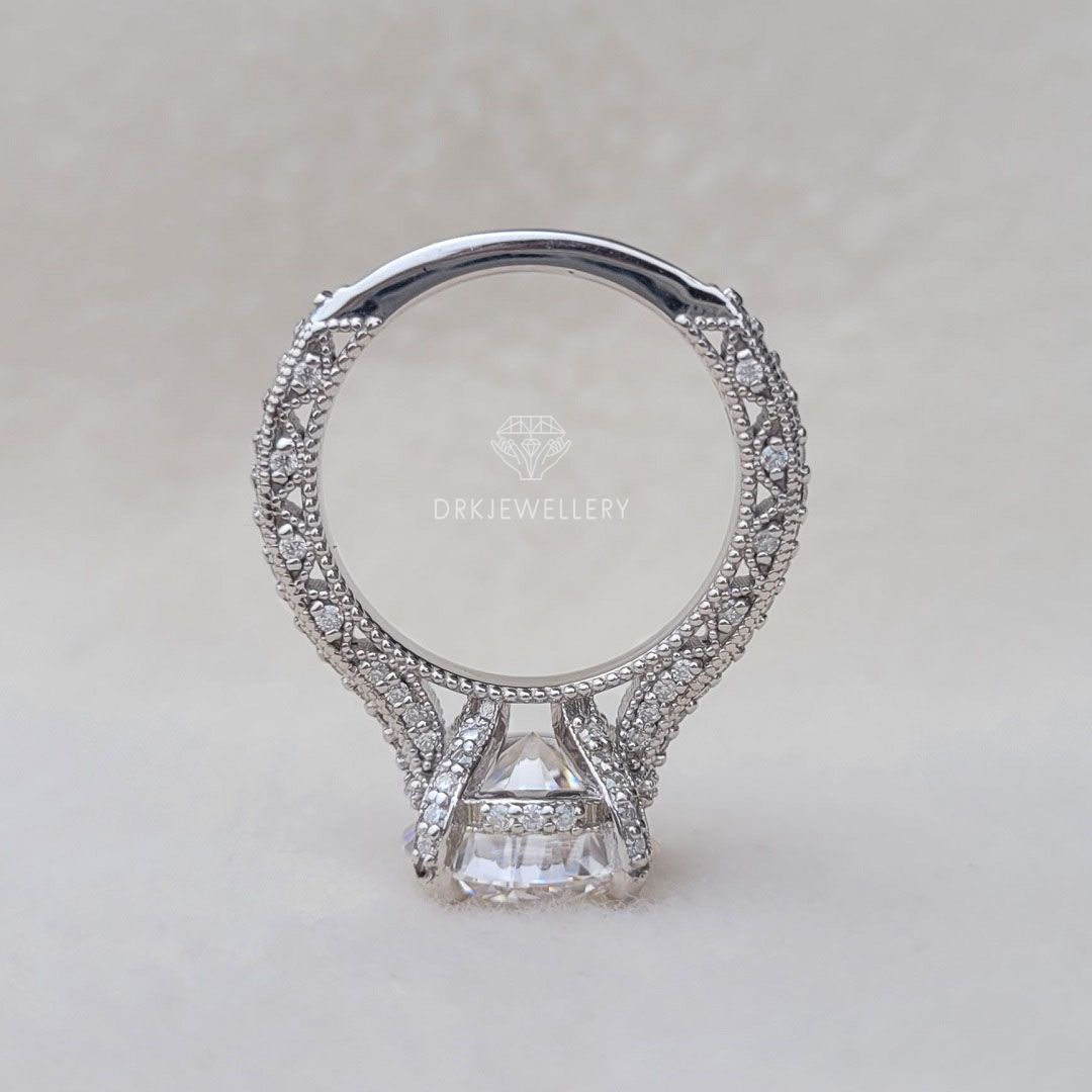 vintage ring-vintage inspired-milgrain setting ring-pave set ring-round cut ring-lab grown diamond ring-hidden halo style-prong pave set ring-bespoken ring