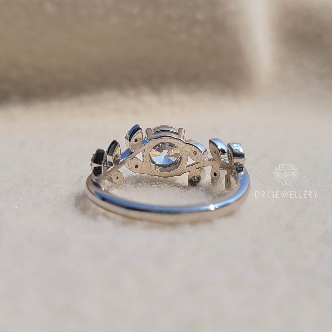 Round cut ring,vintage ring,nature inspired ring,leaf style ring,white gold ring,gifta for her