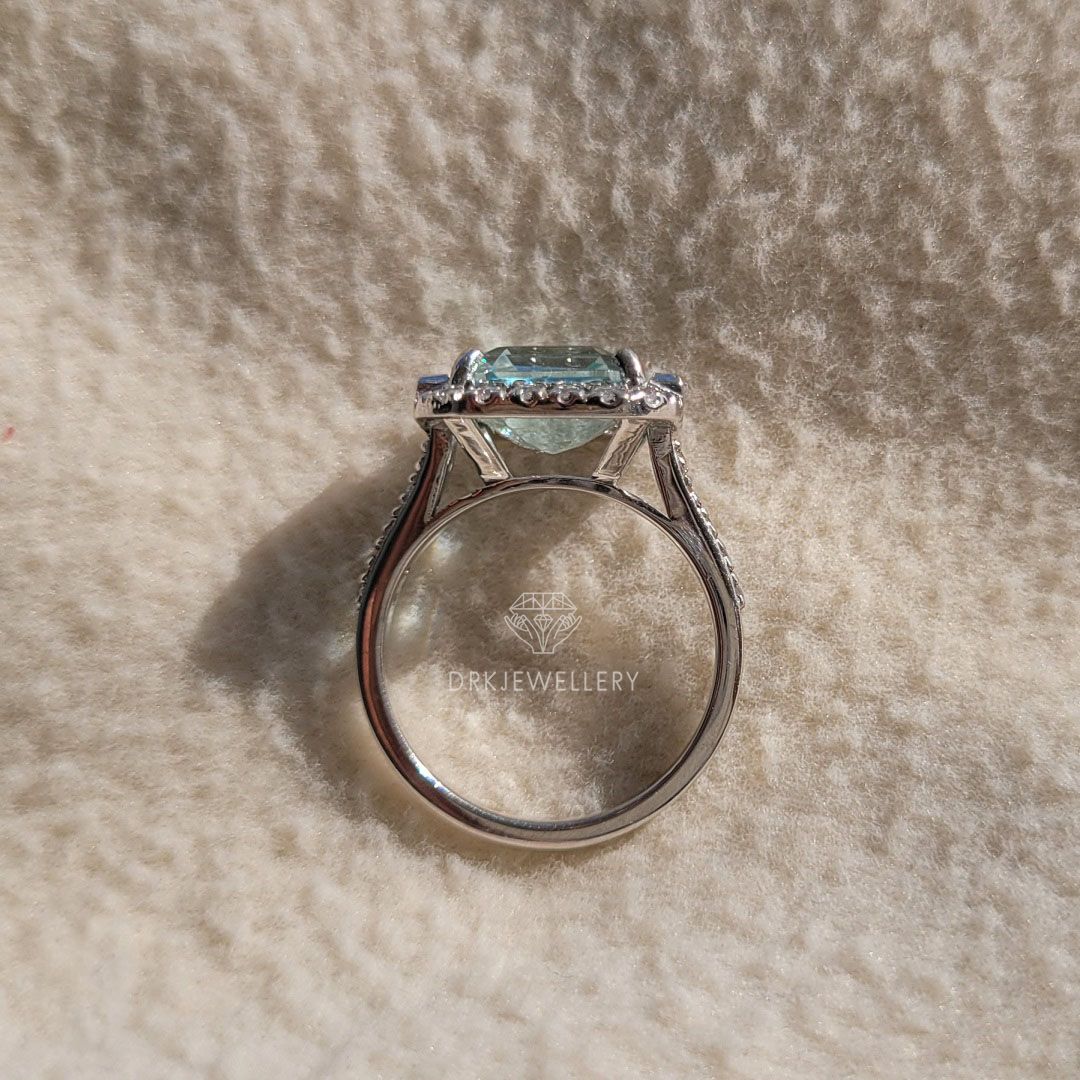 square emerald cut ring, aquamarine ring, pave set ring, halo ring, white gold  ring, baguette diamond ring, personalised gifts