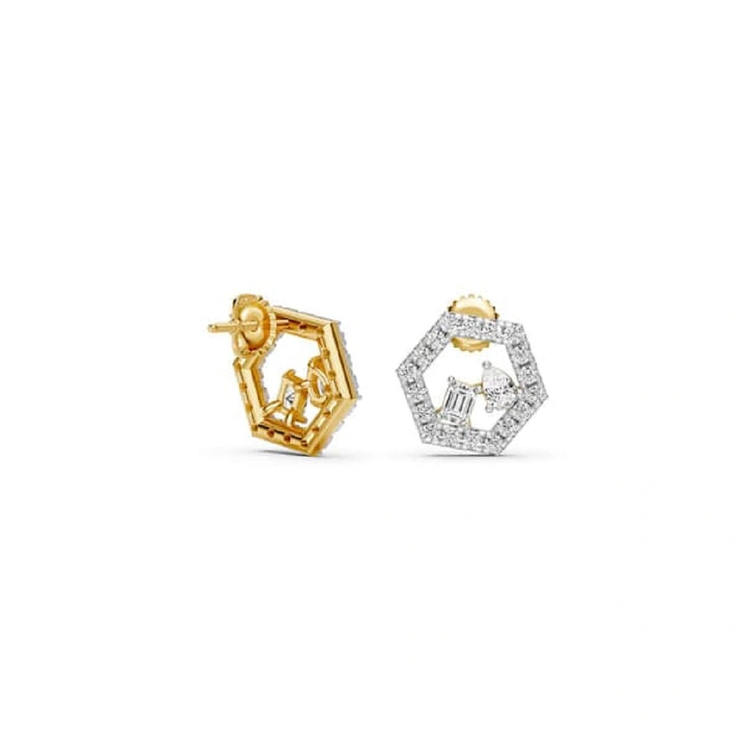 Hexagon Shape Round Cut Pave Set Diamond Studs