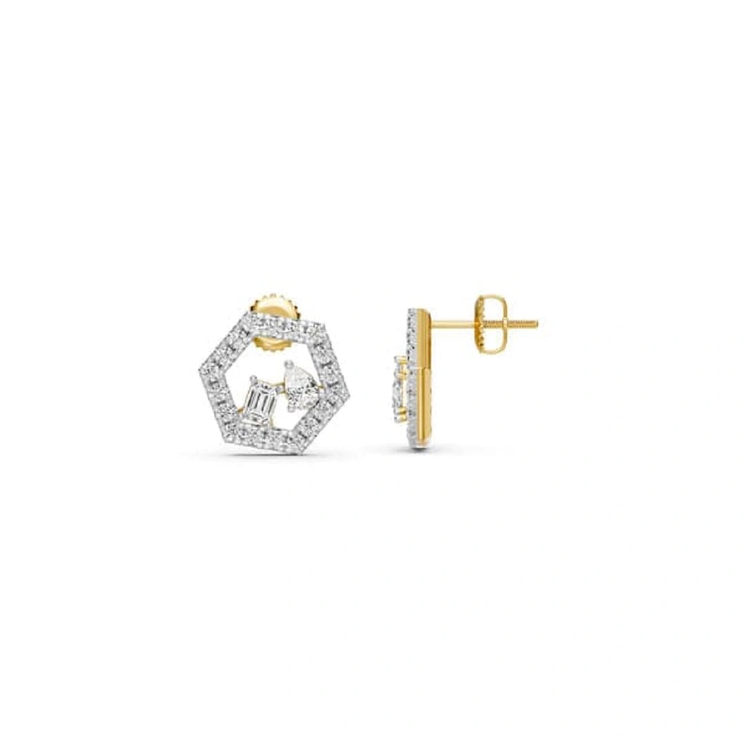 Hexagon Shape Round Cut Pave Set Diamond Studs