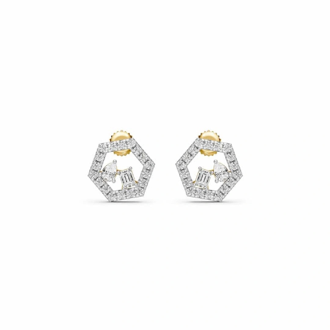 Hexagon Shape Round Cut Pave Set Diamond Studs