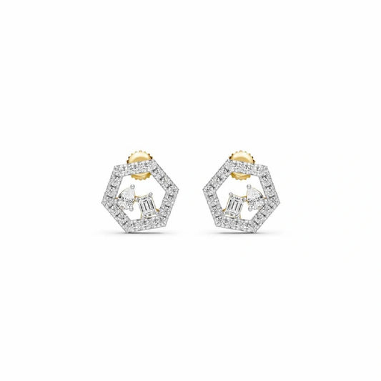 Hexagon Shape Round Cut Pave Set Diamond Studs