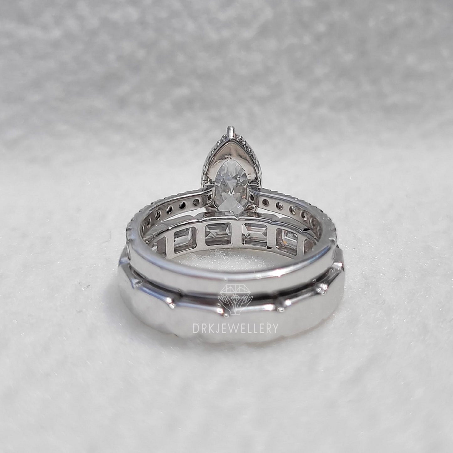 Marquise Cut Moisanite Hidden Halo Ring With East West Emerald Cut Band