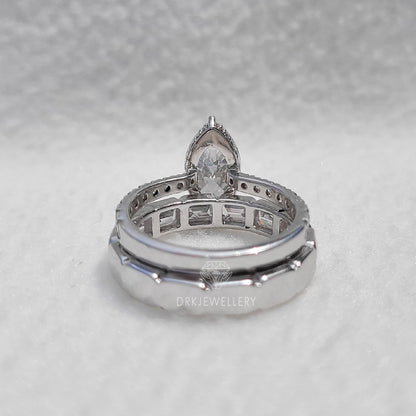 Marquise Cut Moisanite Hidden Halo Ring With East West Emerald Cut Band
