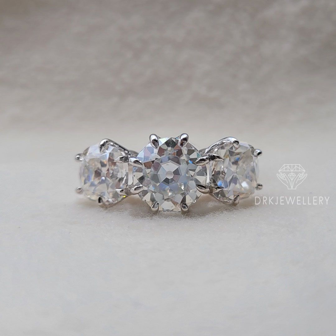 old european cut,three stone style ring,clove prong set ring,white gold ring