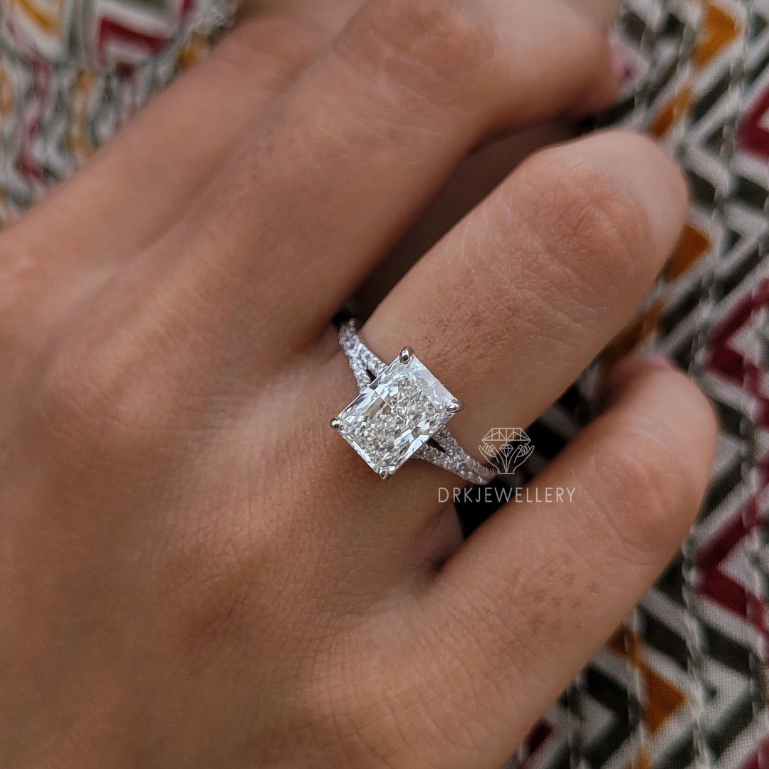 crystle radiant cut ring, moissanite ring,lab grown diamond ring,split shank style ring, pave set ring,white gold ring