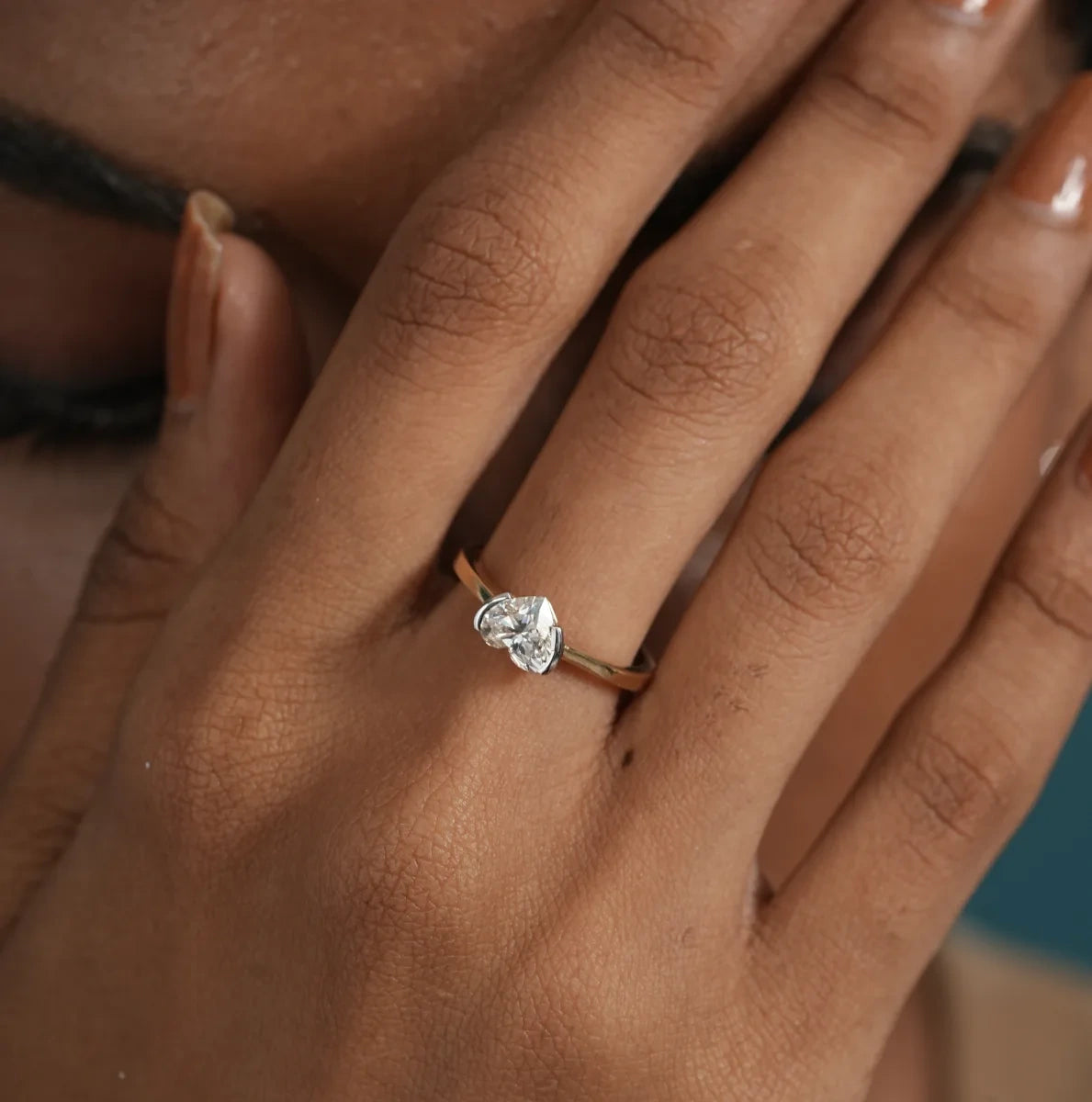 heart dhape lab grown diamond half bezel set solitaaire engagement gold ring