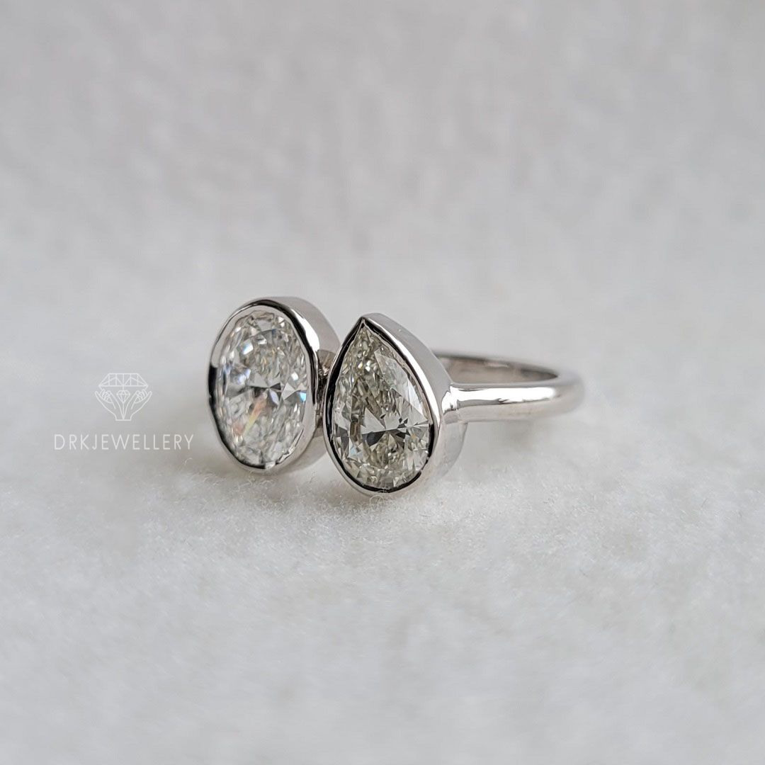 oval & pear cut ring, bezel set ring, two stone ring,twin diamond ring,white gold ring,twin diamond ring