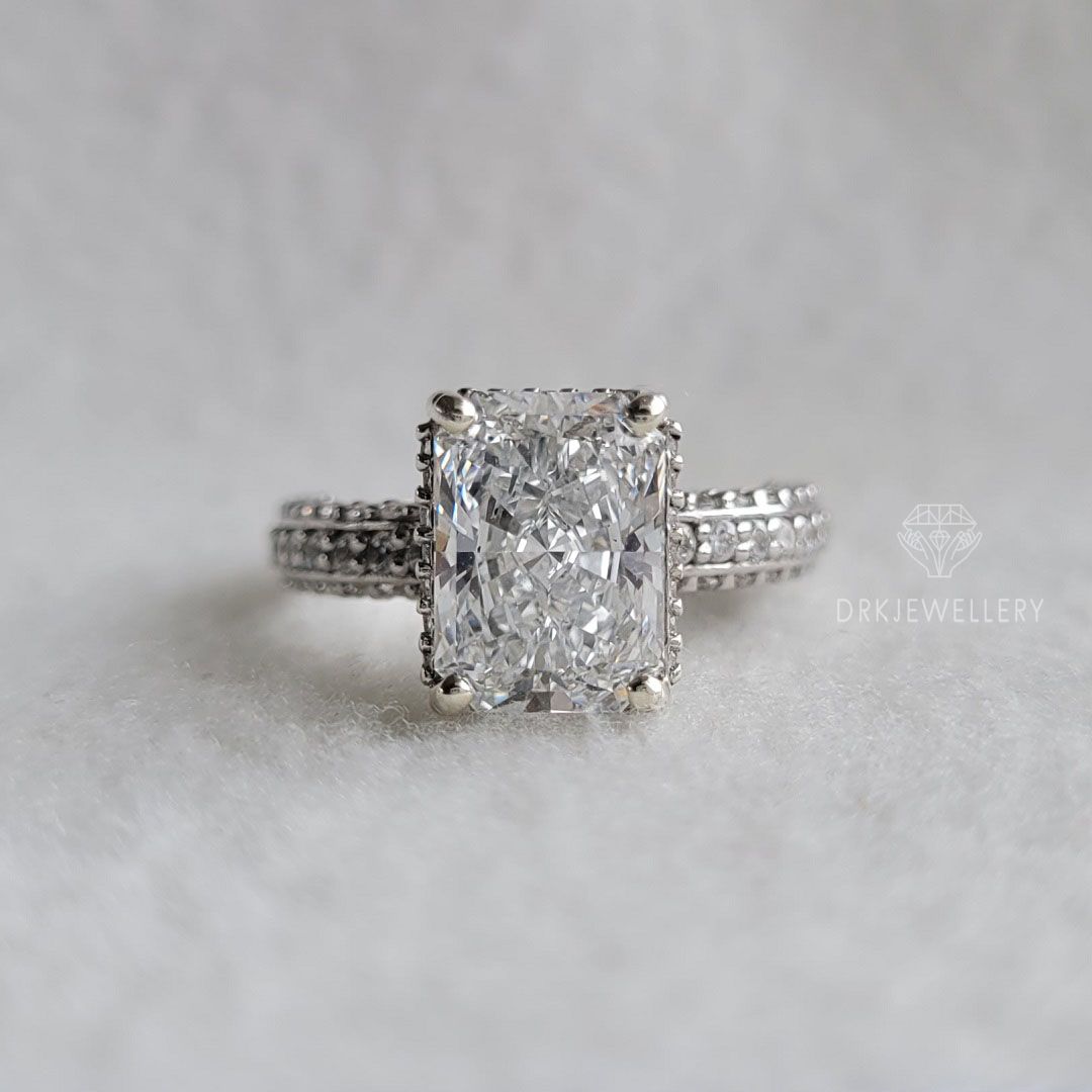 radiant cut  ring, cluter ring,pave set ring,white gold ring,hidden halo ring,claw pong set ring,white gold ring,eternity ring