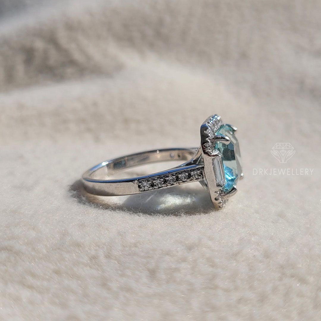 square emerald cut ring, aquamarine ring, pave set ring, halo ring, white gold  ring, baguette diamond ring, personalised gifts