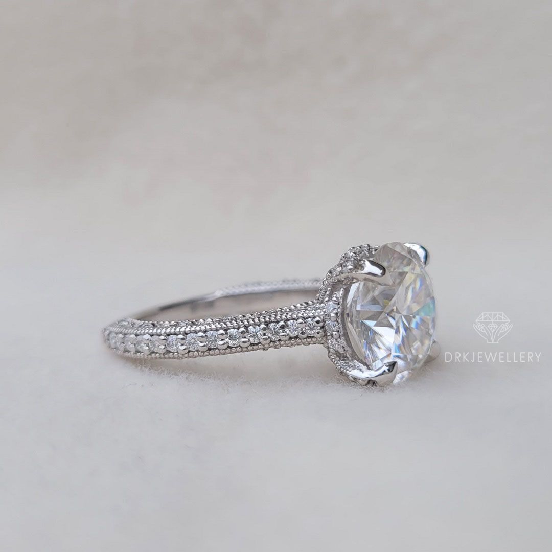 vintage ring-vintage inspired-milgrain setting ring-pave set ring-round cut ring-lab grown diamond ring-hidden halo style-prong pave set ring-bespoken ring