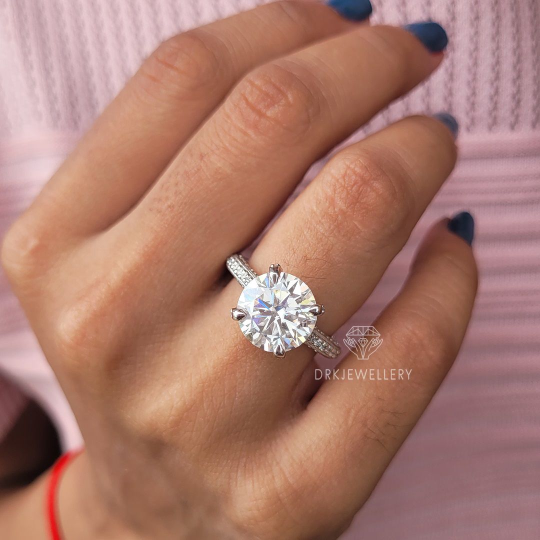 vintage ring-vintage inspired-milgrain setting ring-pave set ring-round cut ring-lab grown diamond ring-hidden halo style-prong pave set ring-bespoken ring