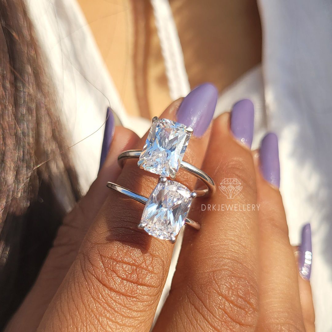 Criss cut elongated cushion lab grown diamond solitaire engagement ring, 14k gold