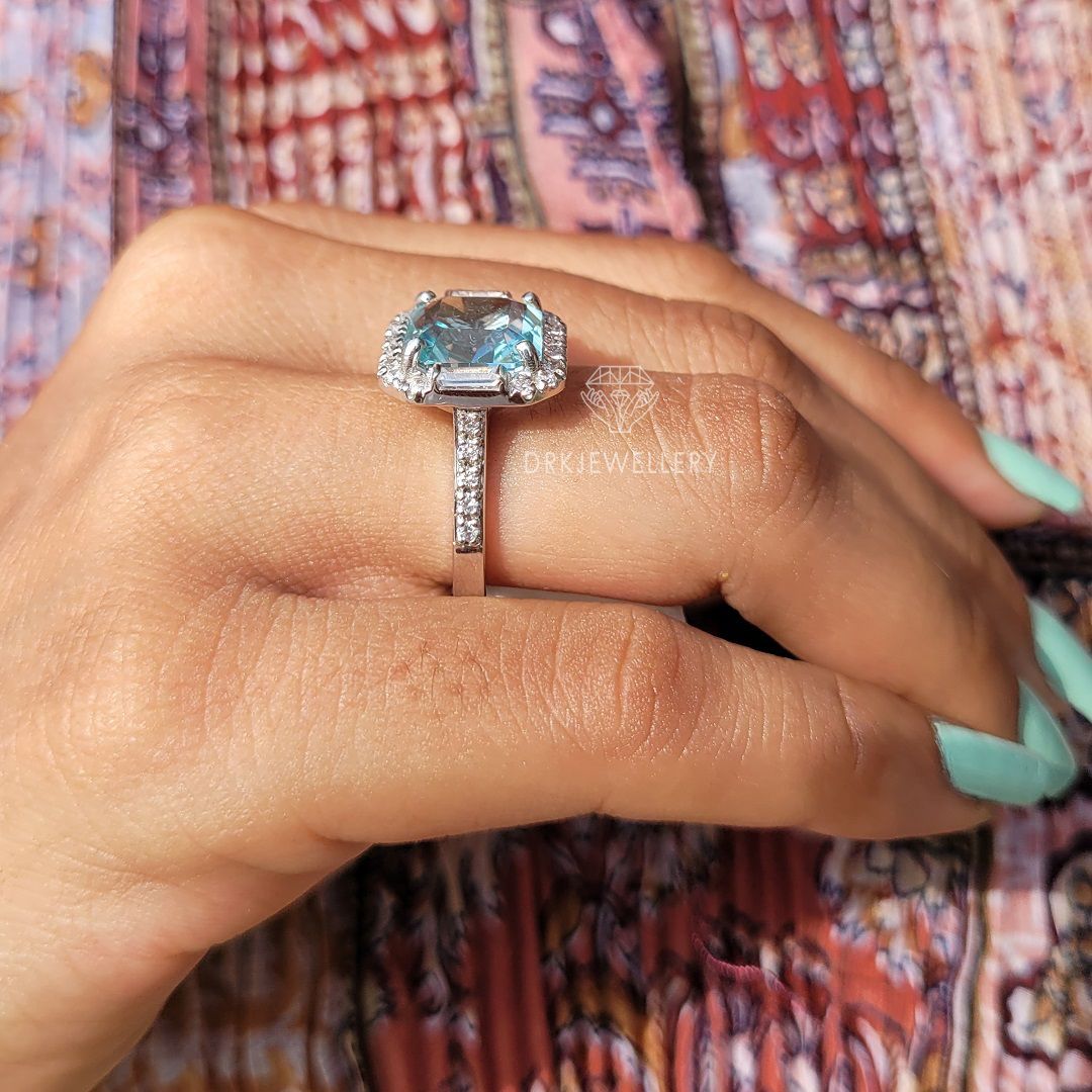 square emerald cut ring, aquamarine ring, pave set ring, halo ring, white gold  ring, baguette diamond ring, personalised gifts