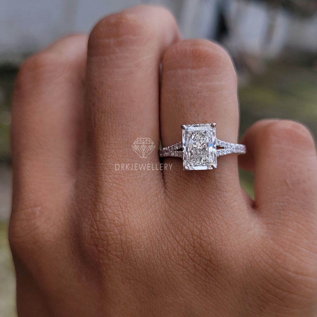 crystle radiant cut ring, moissanite ring,lab grown diamond ring,split shank style ring, pave set ring,white gold ring