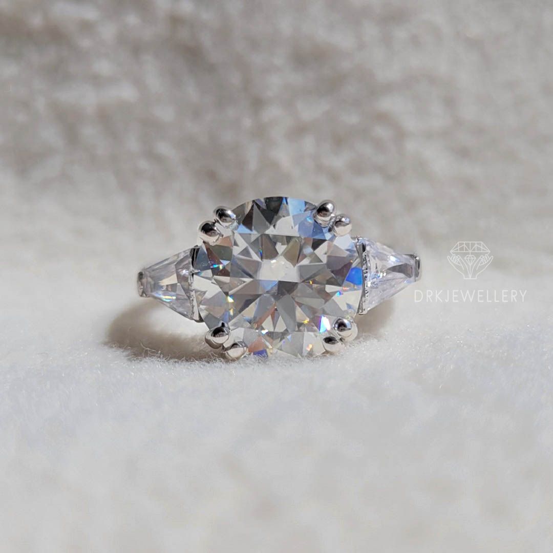 Round cut lab grown diamond ring-round cut ring-three stone ring-baguette cut ring-white gold ring-anniversary gifts