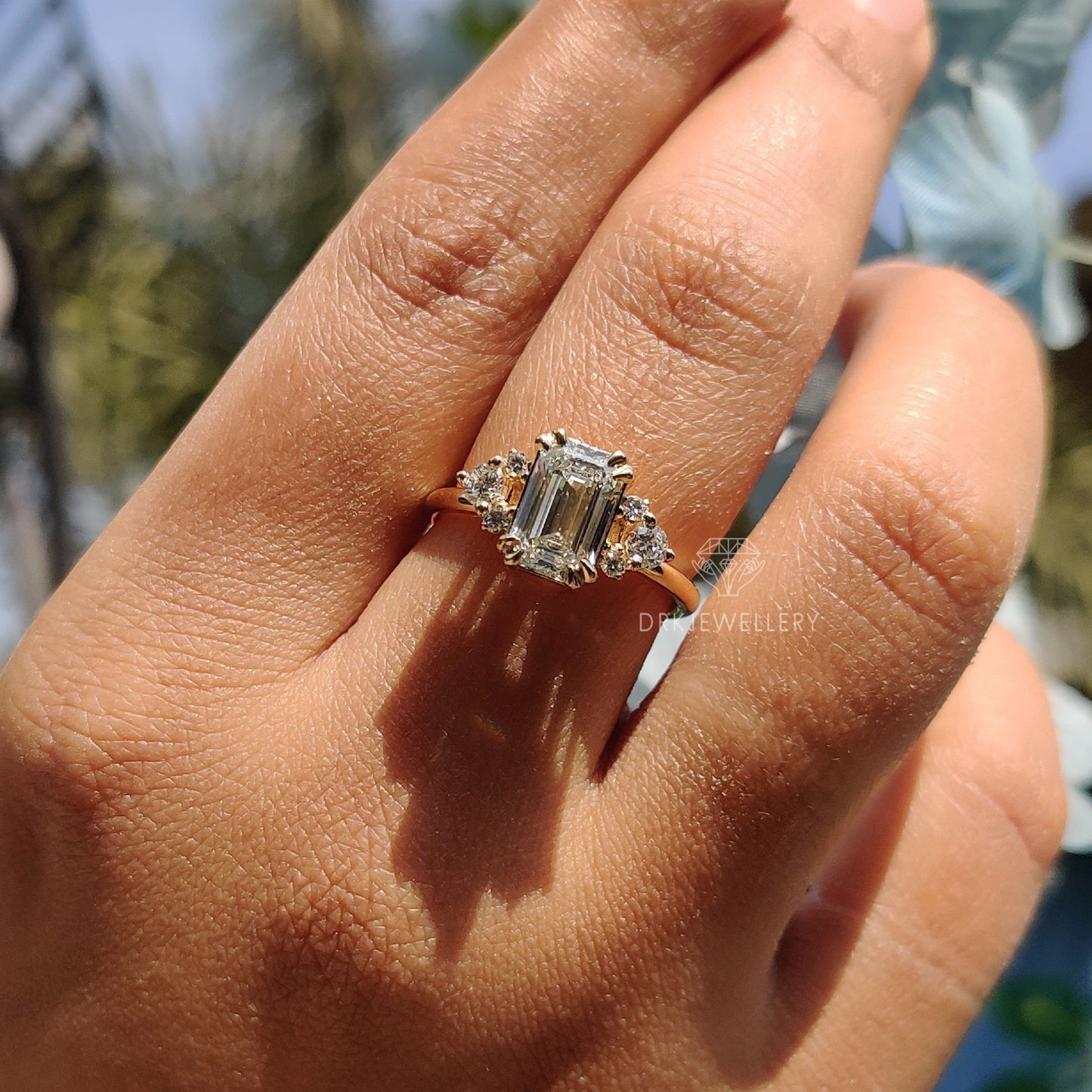 emerald cut ring, lab grown diamond ring, cluster ring, yellow gold ring, solitaire ring, gifts for her