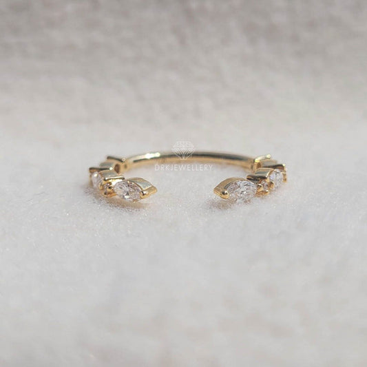 east west marquise cut half eternity open gap matching wedding band in 14k yellow gold