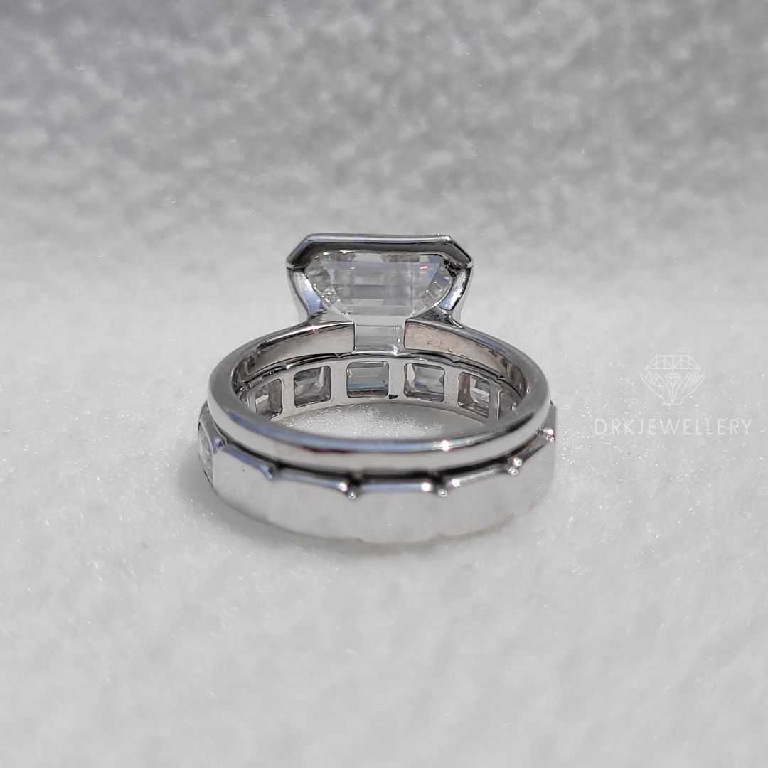 East West Emerald cut Moissanite Bridal Ring Set