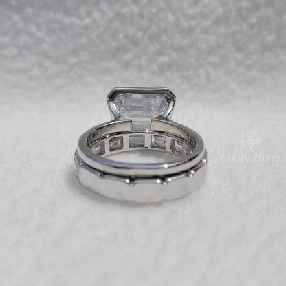 East West Emerald cut Moissanite Bridal Ring Set