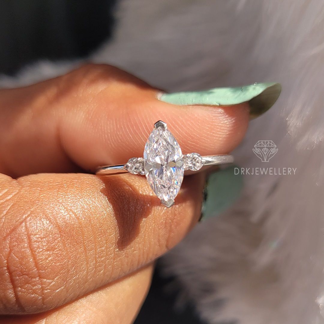 Marquise Cut lab grown diamond three stone style 14k white gold engagement ring