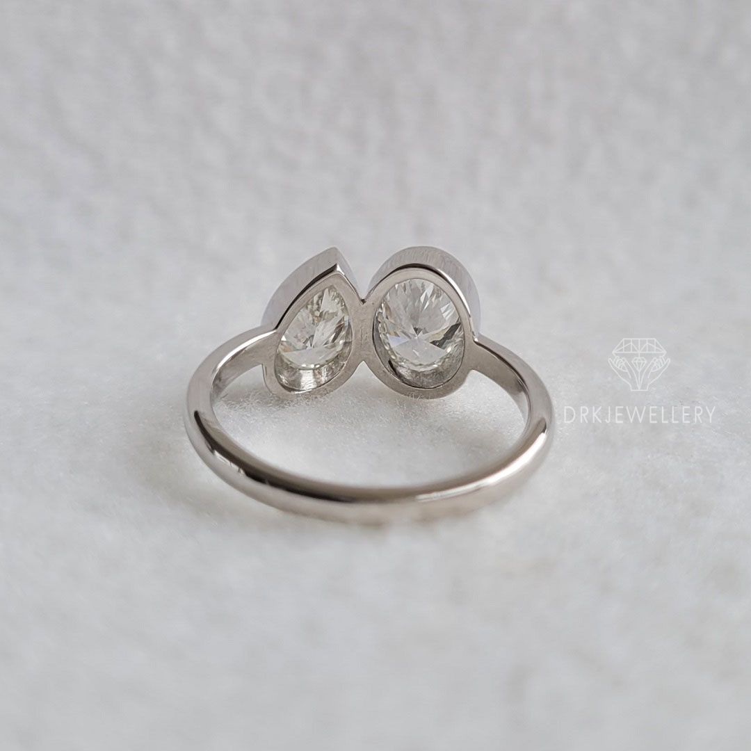 oval & pear cut ring, bezel set ring, two stone ring,twin diamond ring,white gold ring,twin diamond ring