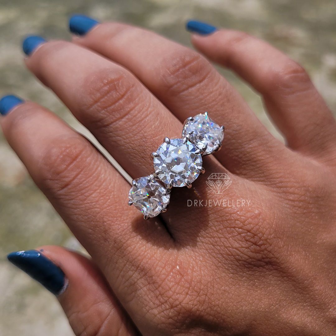 old european cut,three stone style ring,clove prong set ring,white gold ring