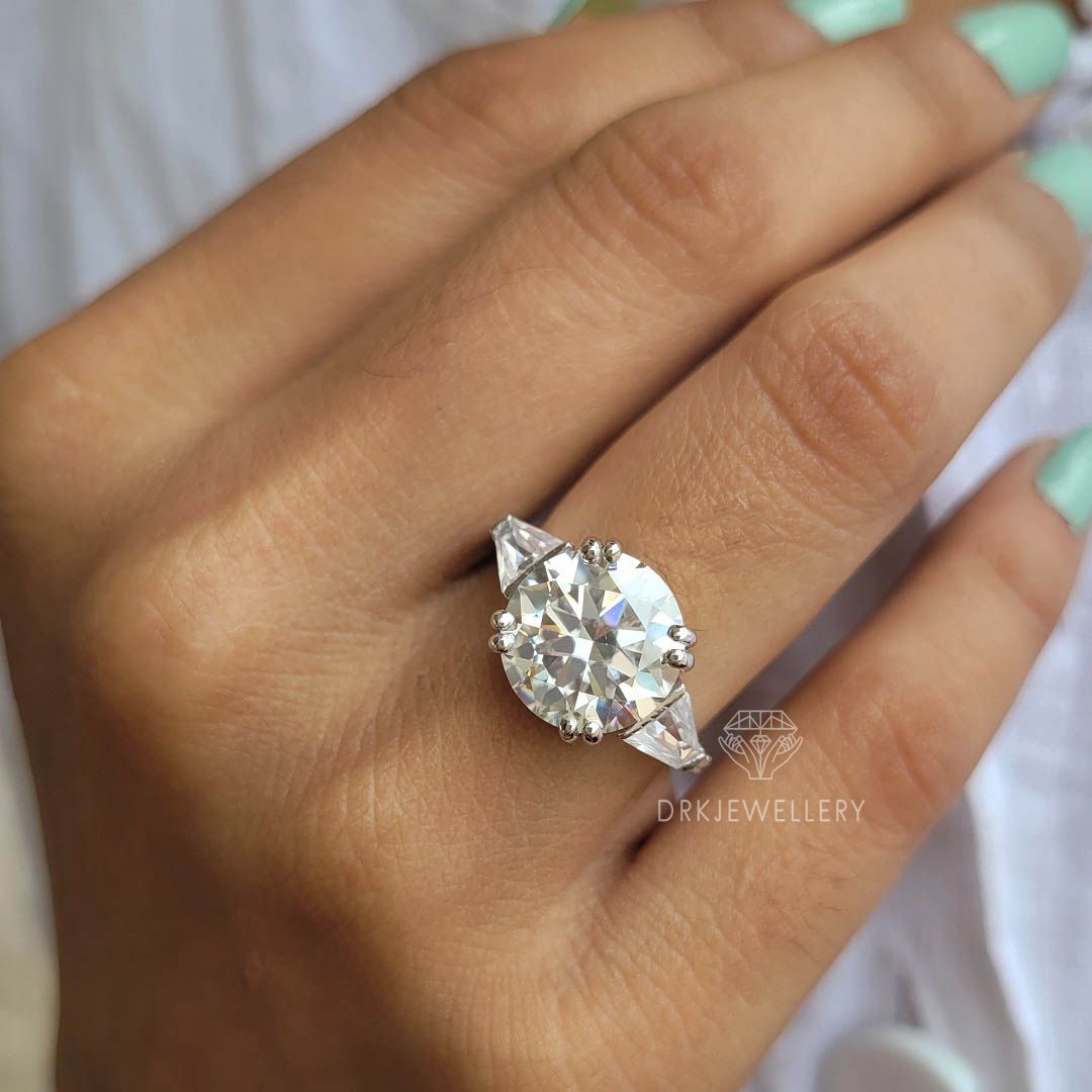 Round cut lab grown diamond ring-round cut ring-three stone ring-baguette cut ring-white gold ring-anniversary gifts