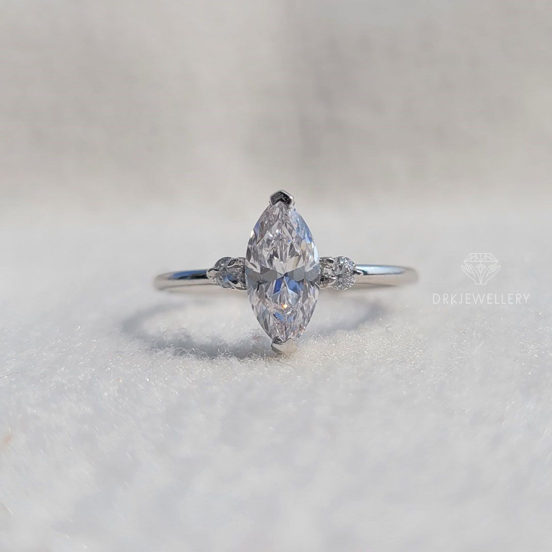 Marquise Cut lab grown diamond three stone style 14k white gold engagement ring