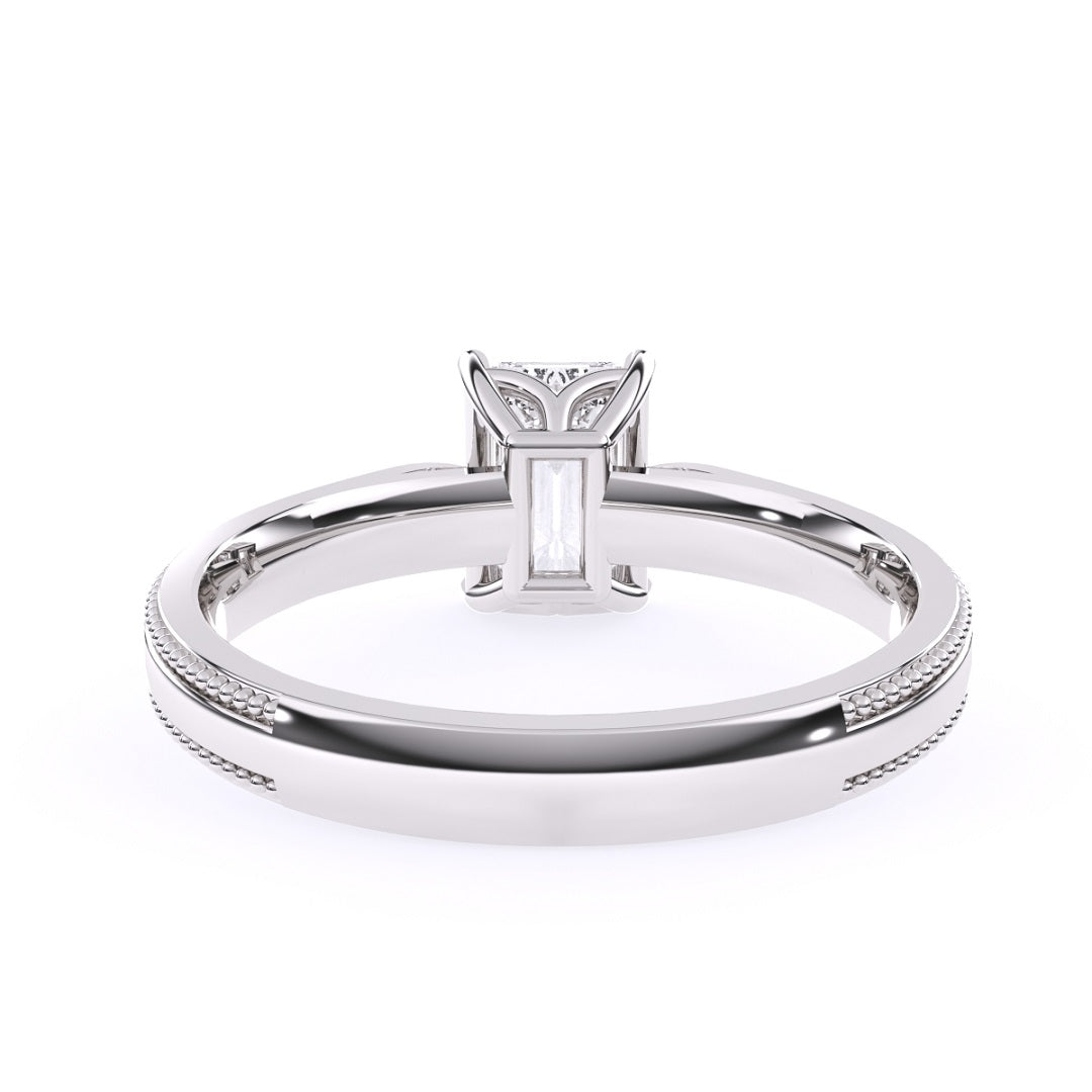 emerald cut ring, milgrain setting ring, pinched band style ring, white gold ring, moissanite ring, lab grown diamond ring, gold diamond ring
