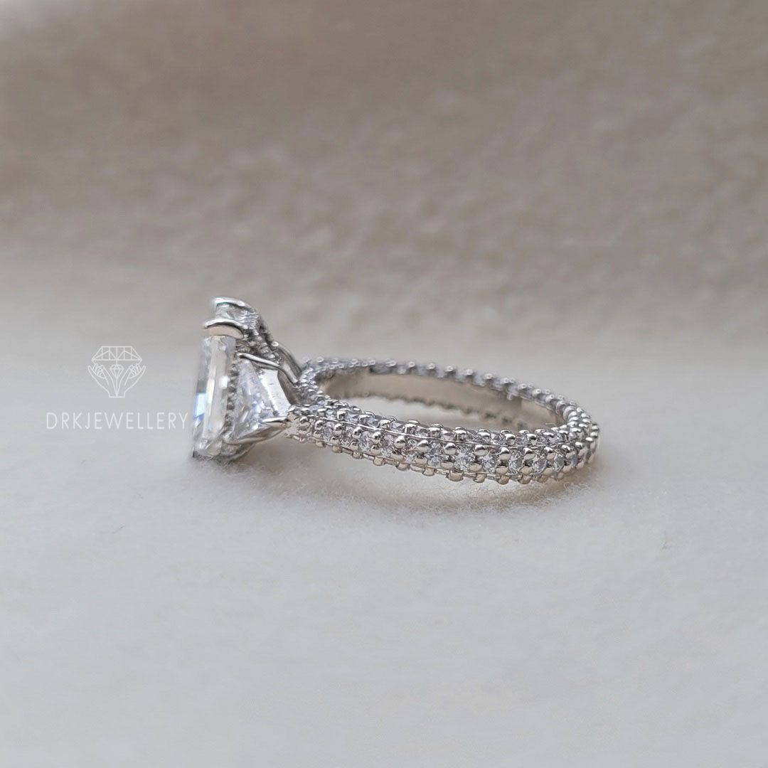 crystal glass diamond ring, radiant cut ring,triangle cut ring, pave set band,claw prong set ring,milgrain setting ring