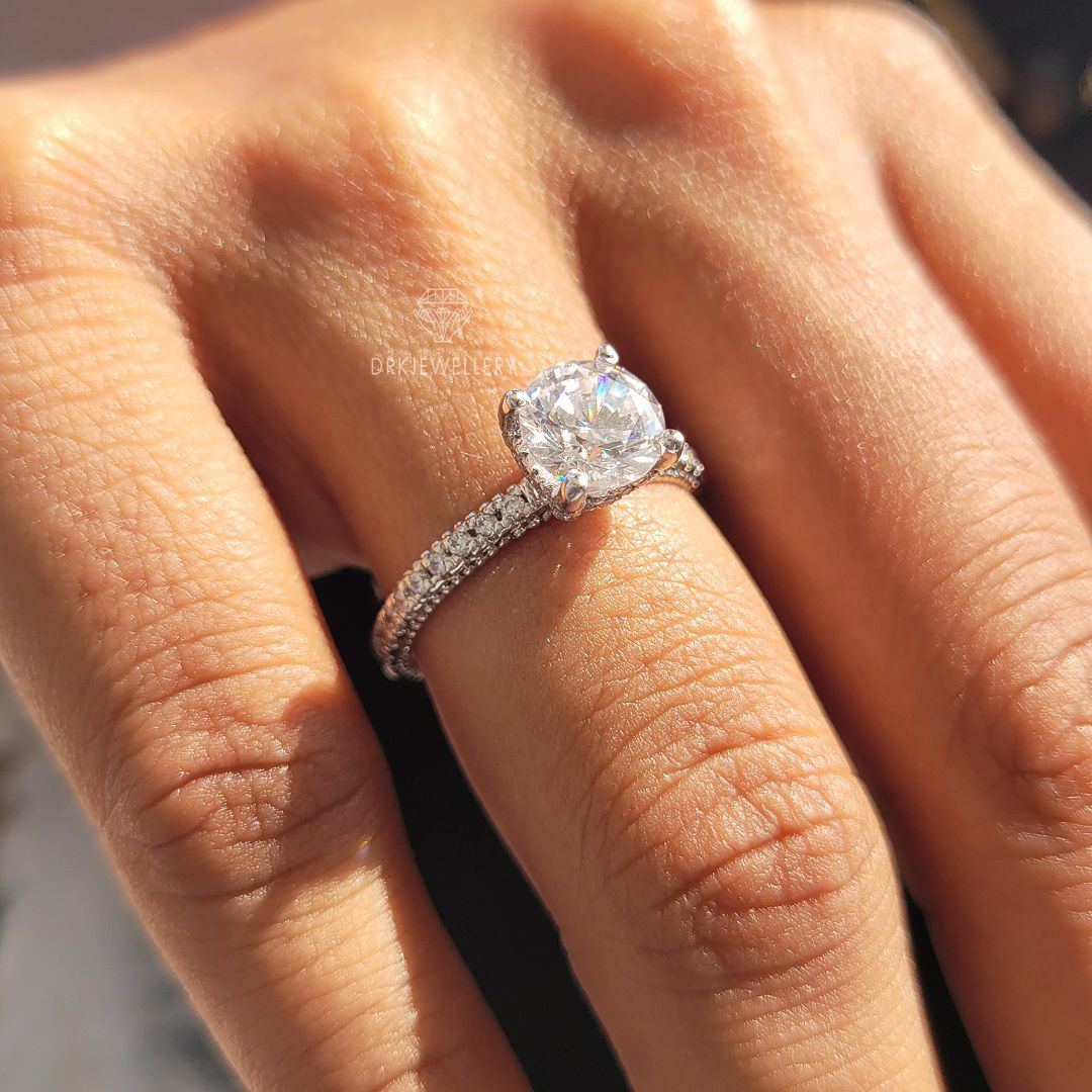 Round cut ring-lab grown diamond-pave set ring-14k gold ring - eternity wedding ring