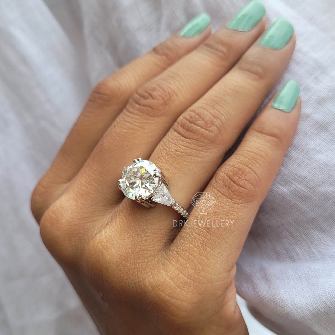 Round cut lab grown diamond ring-round cut ring-three stone ring-baguette cut ring-white gold ring-anniversary gifts