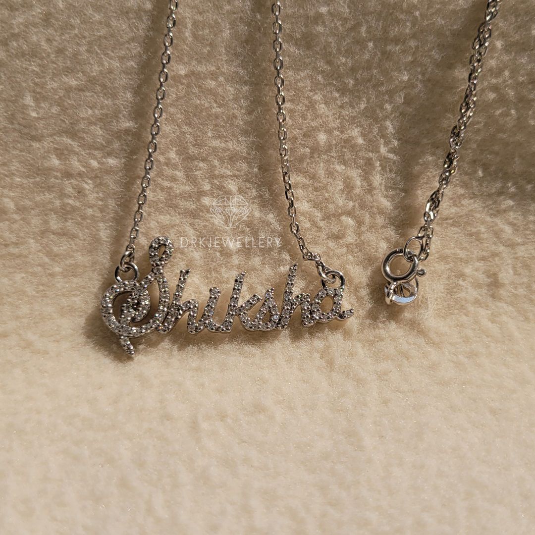 shiksha name pendant, round cut lab grown diamond pave setting wedding gold pendant with chain