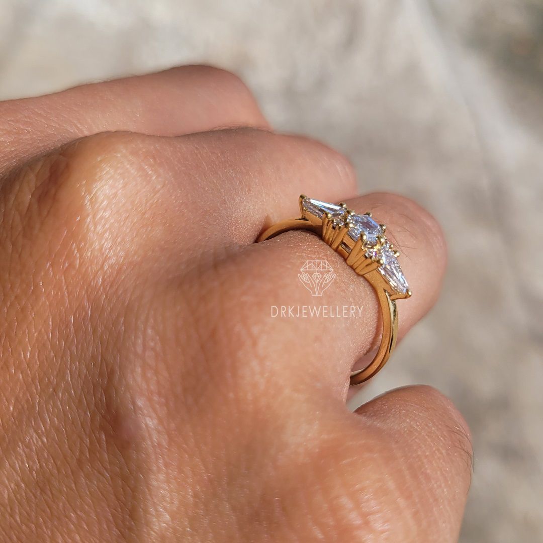 hexagon and kite cut lab grown diamond three stone Solitaire 14k Gold Yellow gold engagement ring