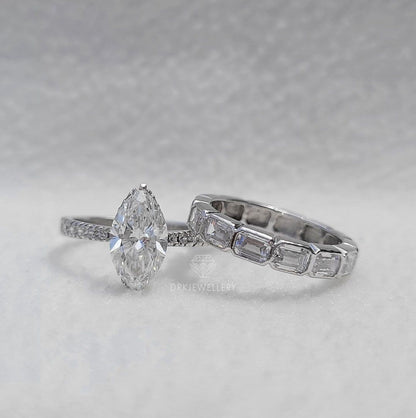 Marquise Cut Moisanite Hidden Halo Ring With East West Emerald Cut Band