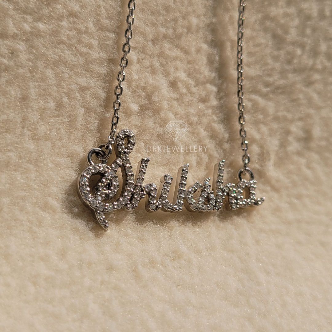 shiksha name pendant, round cut lab grown diamond pave setting wedding gold pendant with chain