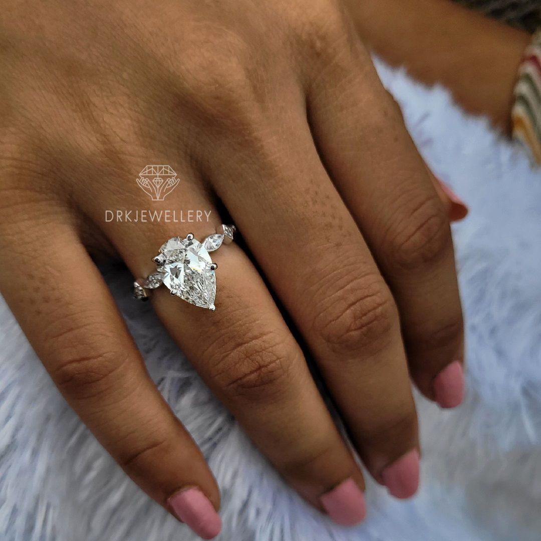 Pear cut ring,lab grown diamond,marquise cut ring,pave set ring,white gold band, 5 prong set ring,eternity band