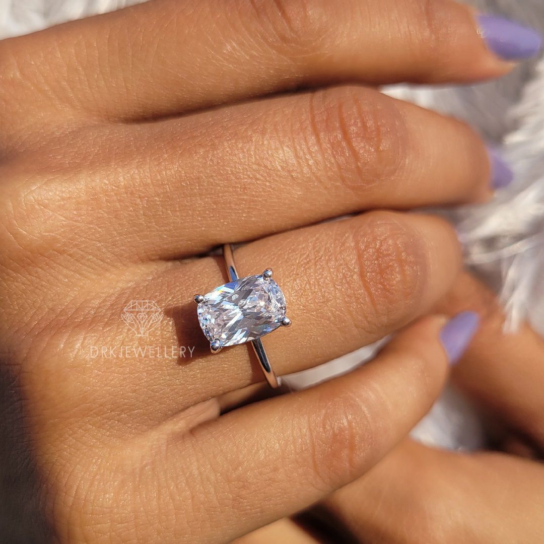 Criss cut elongated cushion lab grown diamond solitaire engagement ring, 14k gold