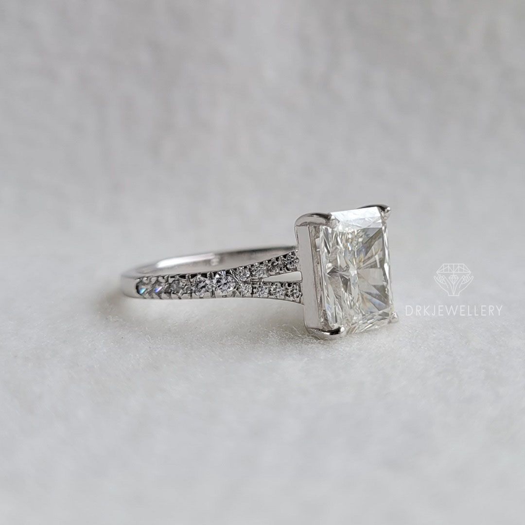crystle radiant cut ring, moissanite ring,lab grown diamond ring,split shank style ring, pave set ring,white gold ring