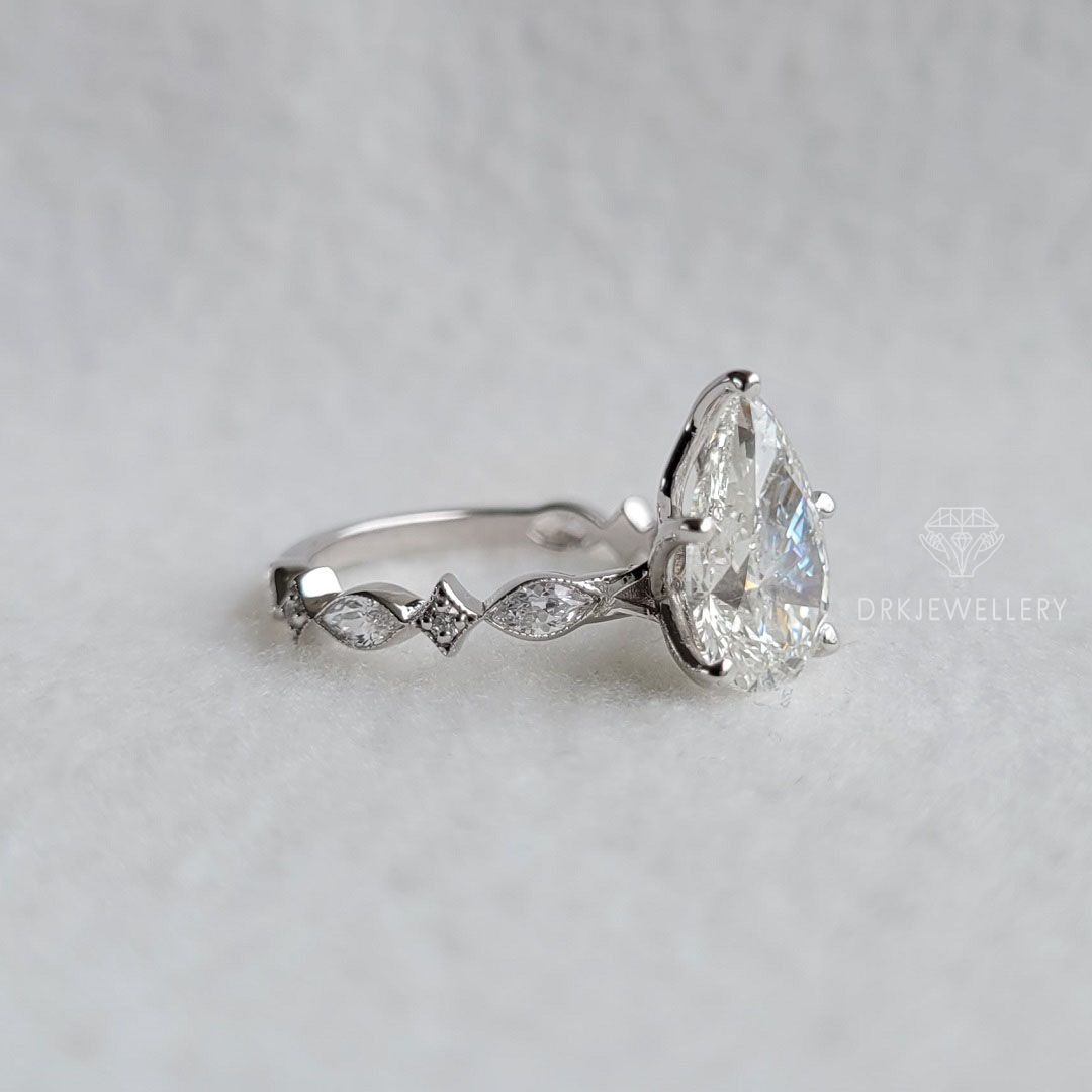 Pear cut ring,lab grown diamond,marquise cut ring,pave set ring,white gold band, 5 prong set ring,eternity band
