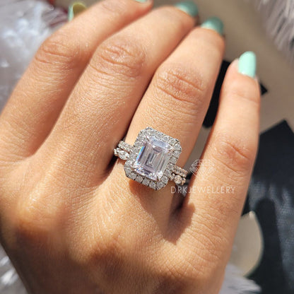 Emerald Cut Moissanite Halo RIng With Pave Set Eternity Band